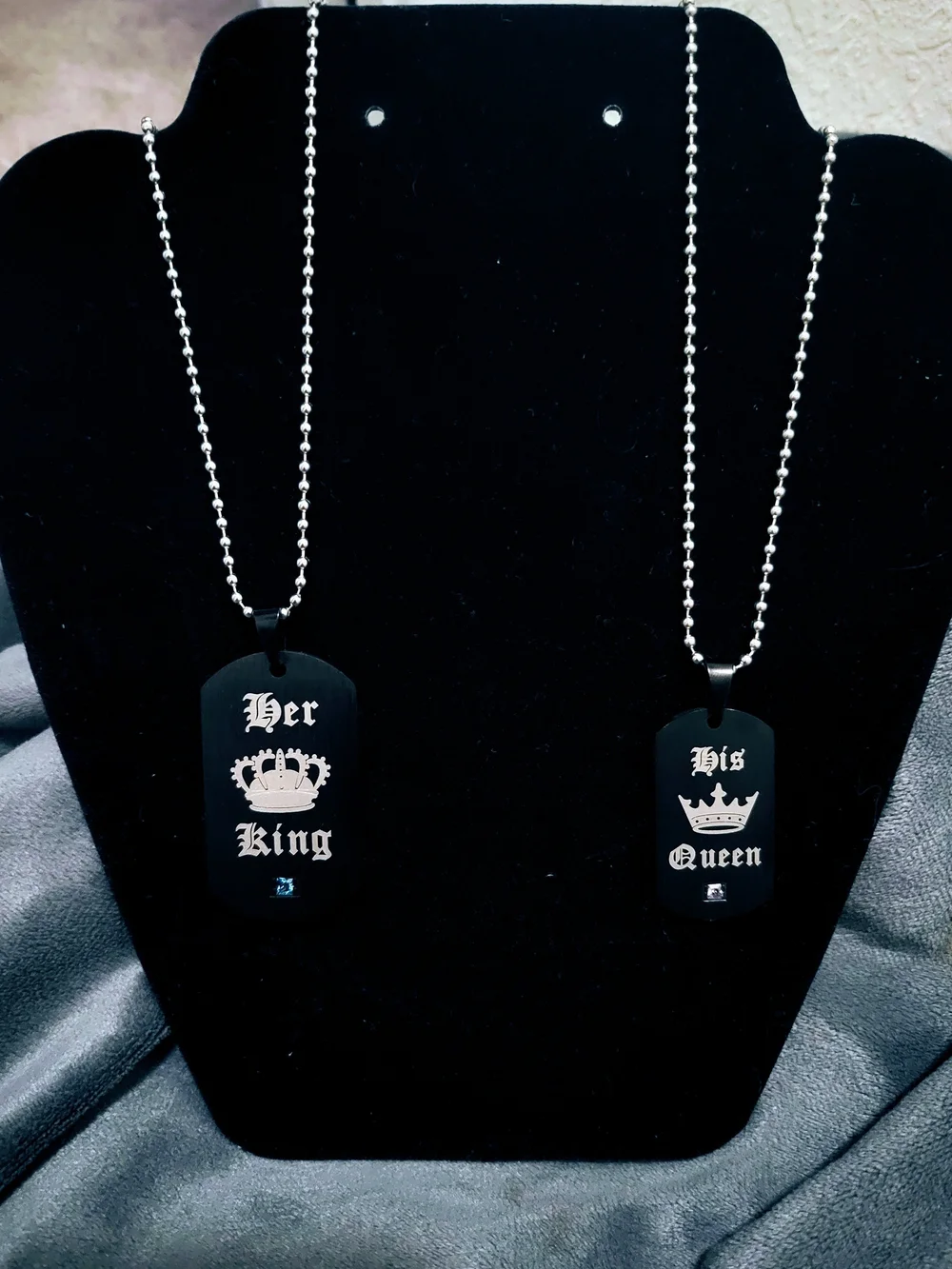 Black 'Her King' and 'His Queen' Stainless Steel Couple Dog Tag Necklaces